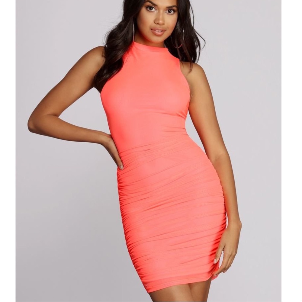 Ruched Neon Coral Mini Dress